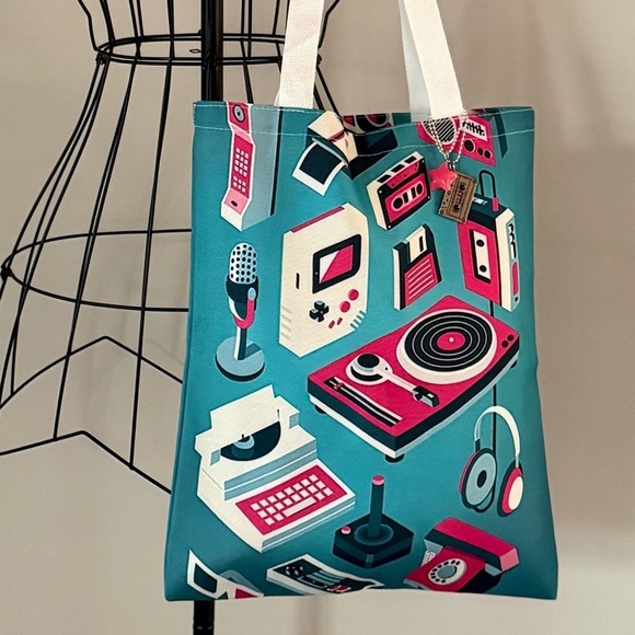 Unbranded Handbags - New 80s Style Retro Technology Shopping Bag Tote w/ Cassette Tape Charm - 16”